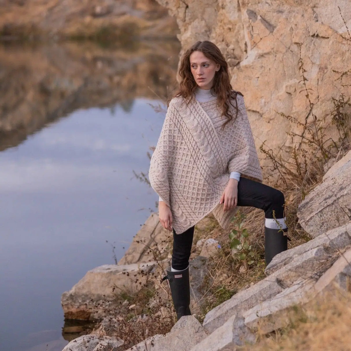 FL176-609 Women's Merino Wool Aran Triangular Poncho, Parsnip Creative Irish Gifts