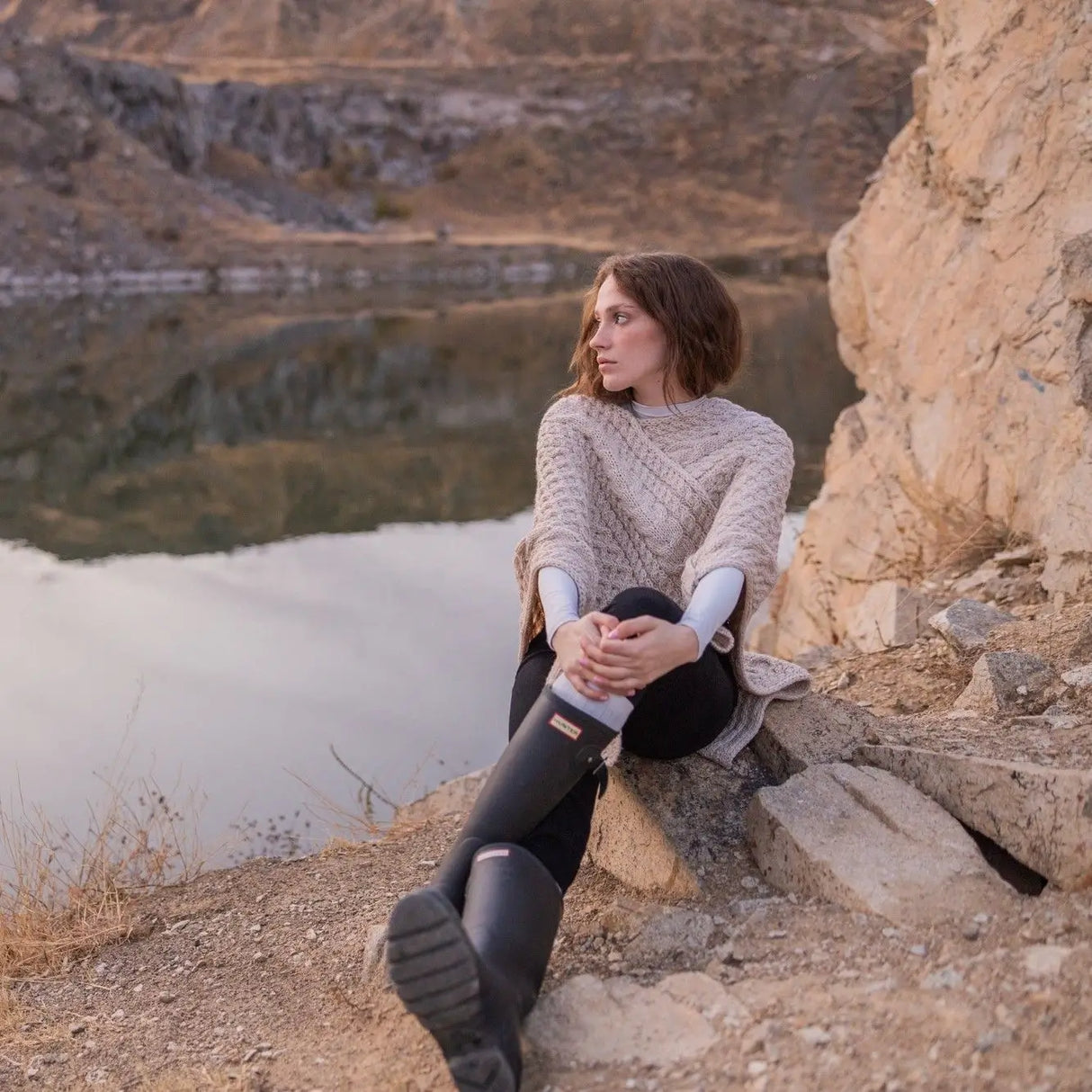 FL176-609 Women's Merino Wool Aran Triangular Poncho, Parsnip Creative Irish Gifts