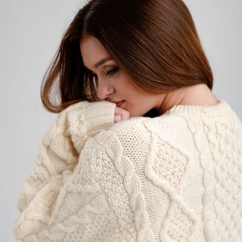 FL194-608 Women's Cable Aran Knit Fisherman Sweater, White back view Creative Irish Gifts
