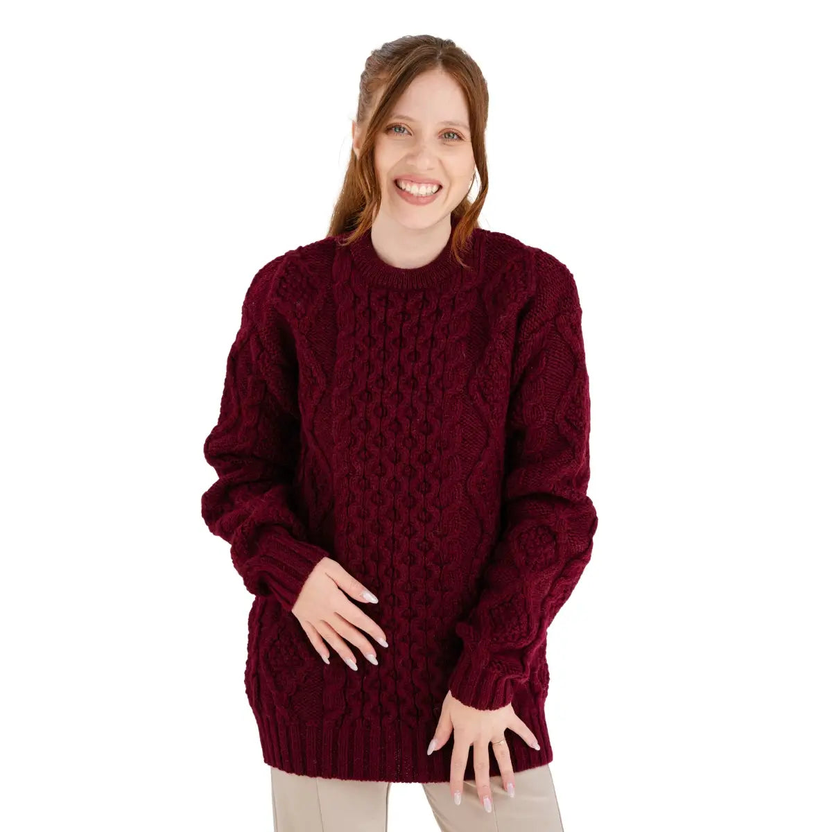 FL194-608 Women's Cable Aran Knit Fisherman Sweater, Wine Creative Irish Gifts