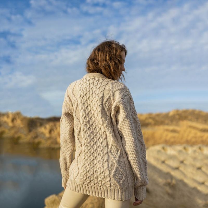 FL194-609 Women's Cable Aran Knit Fisherman Sweater, Parsnip Back View Creative Irish Gifts