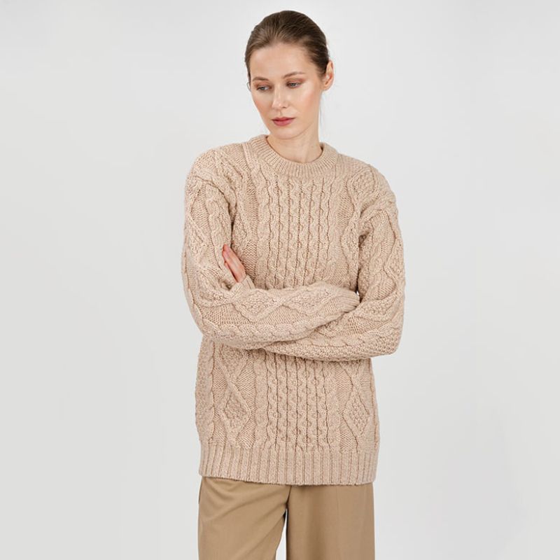 FL194-609 Women's Cable Aran Knit Fisherman Sweater, Parsnip Creative Irish Gifts