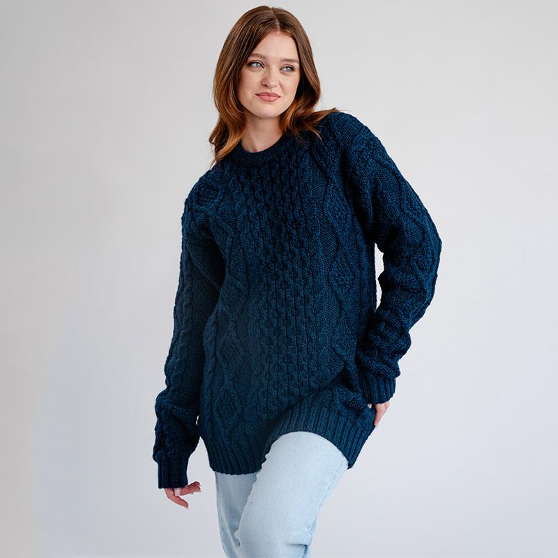 FL194-610 Women's Cable Aran Knit Fisherman Sweater, Navy Creative Irish Gifts