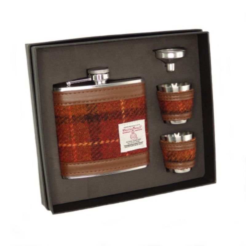 Set of Harris Tweed Hip Flask with Cups Brown Creative Irish Gifts