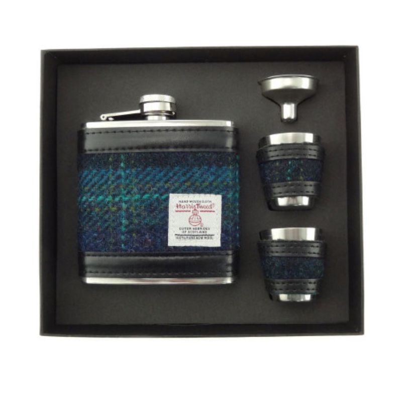 Set of Harris Tweed Hip Flask with Cups Turquoise Creative Irish Gifts