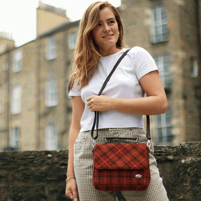 Mini Harris Tweed Satchel with Tartan Pattern Rust Orange Lifestyle Creative Irish Gifts