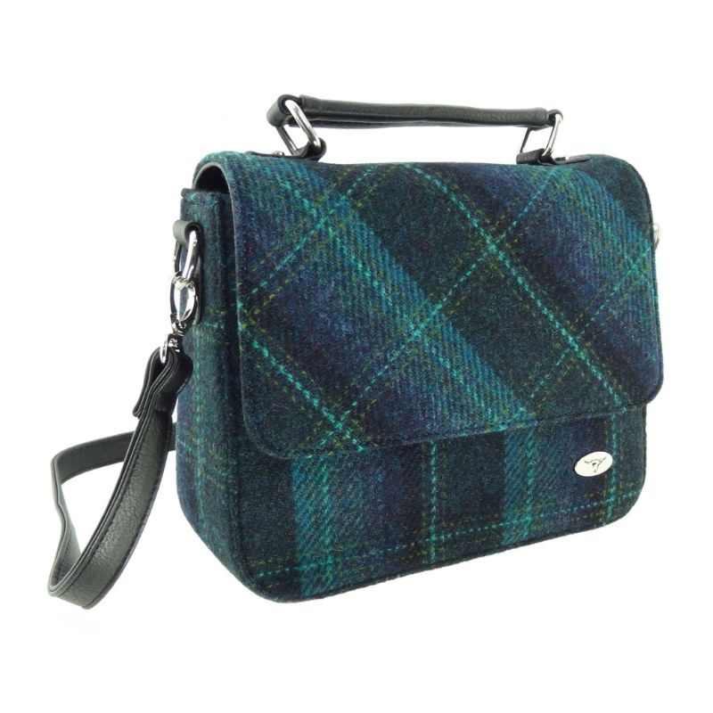 Mini Harris Tweed Satchel with Tartan Pattern Turquoise Creative Irish Gifts