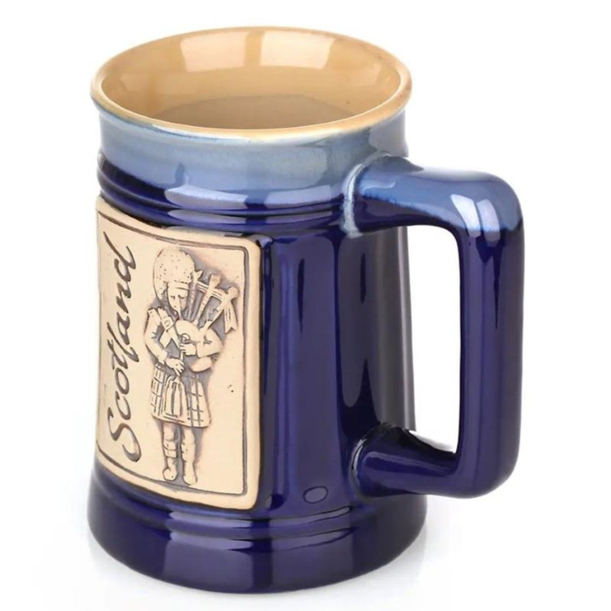 GA-PT1015-BLU Hand Painted Stoneware Scotland Piper Beer Mug, Blue Creative Irish Gifts
