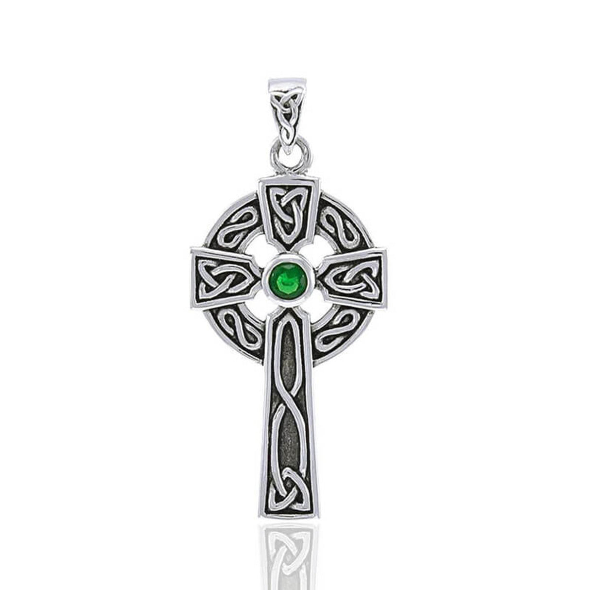 GS-TPGD038338-EG-set Celtic Cross Silver Pendant with Green Gemstone Creative Irish Gifts