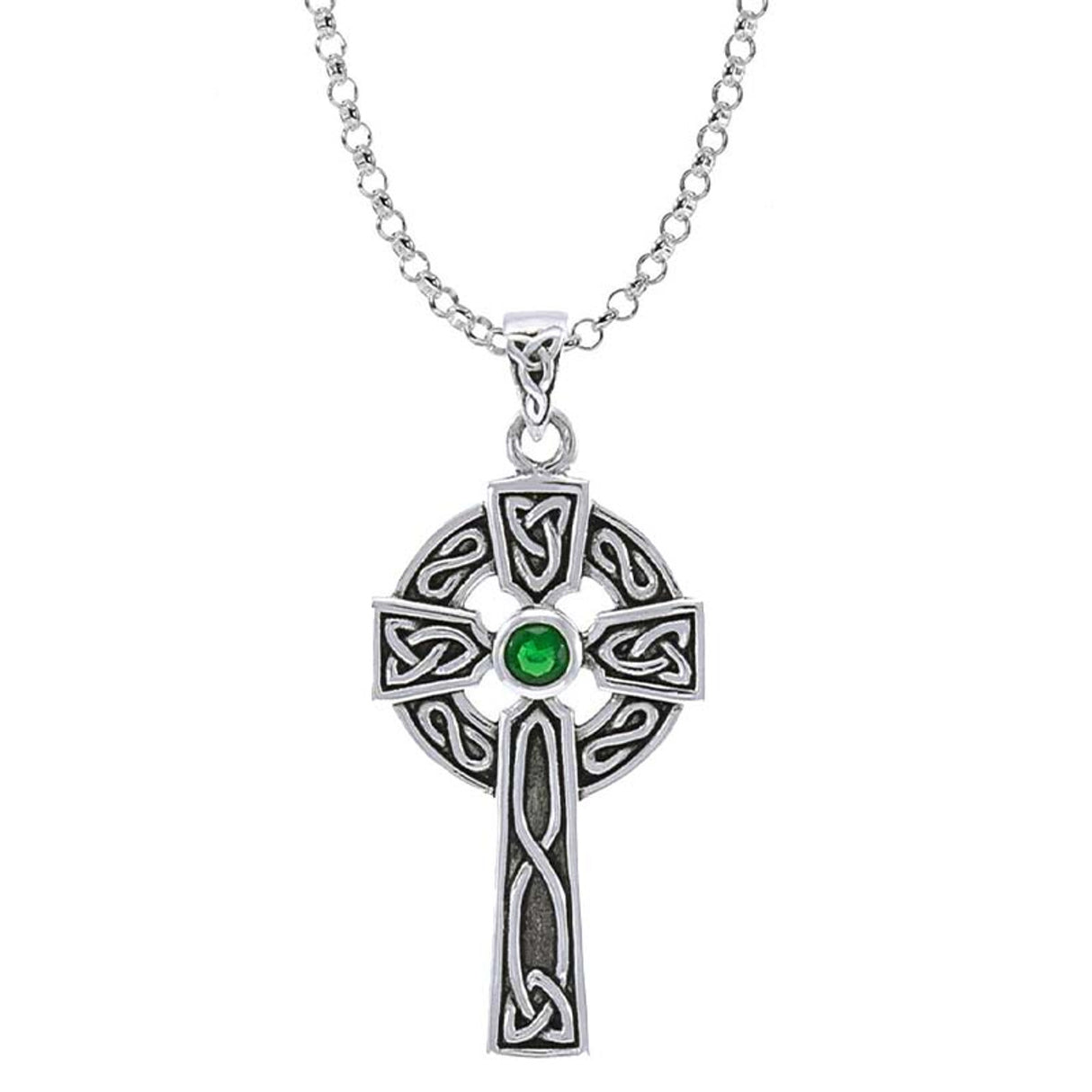 GS-TPGD038338-EG-set Celtic Cross Silver Pendant with Green Gemstone Creative Irish Gifts