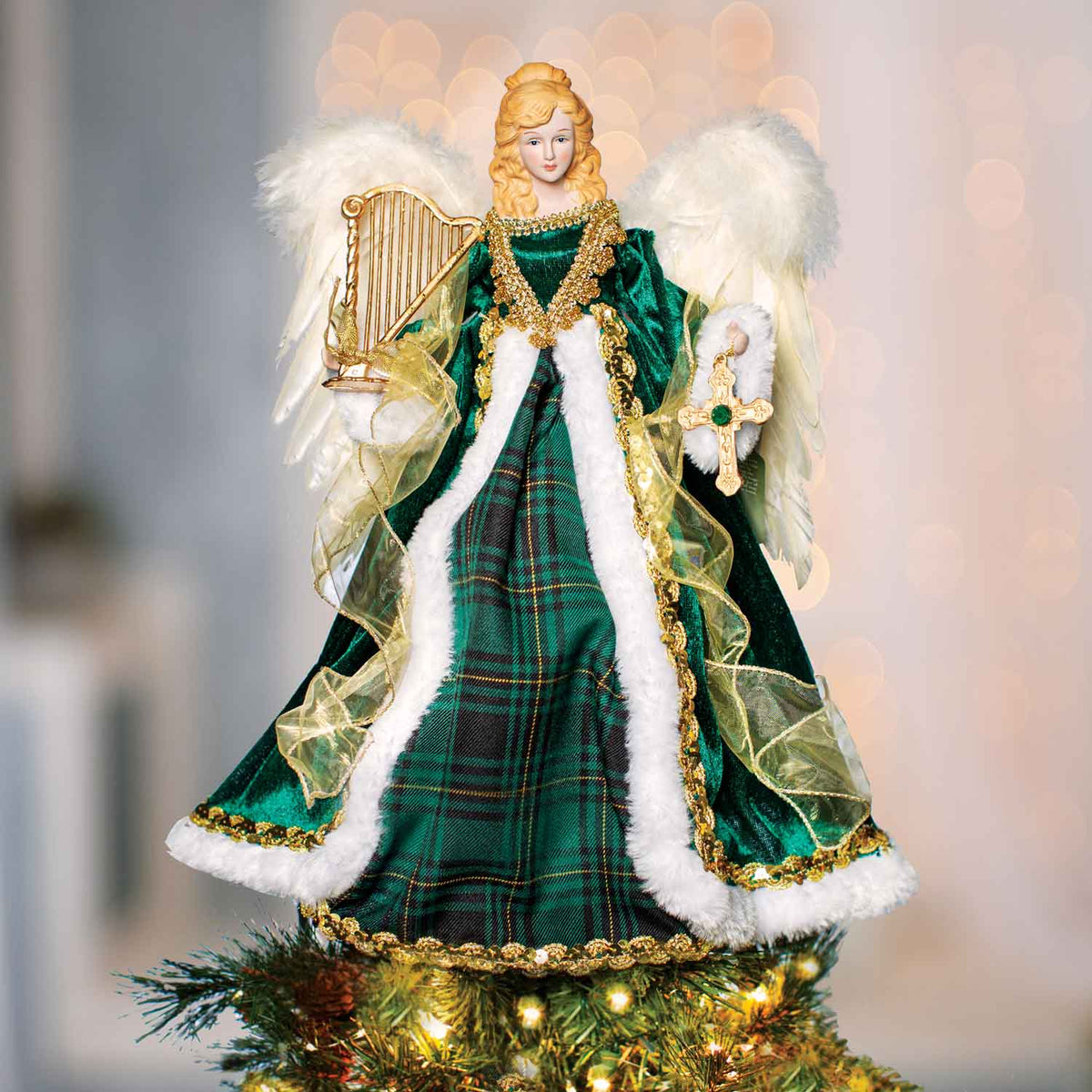 Santa's Workshop 16" Diva Angel Tree Topper - Dark Red Velvet With Gold Trim, Porcelain Face