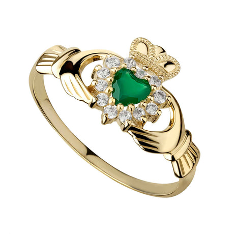 10K Gold Green Agate & CZ Claddagh Ring - Creative Irish Gifts