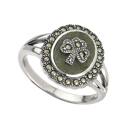 Sterling Silver Marcasite Shamrock Marble Ring - Creative Irish Gifts