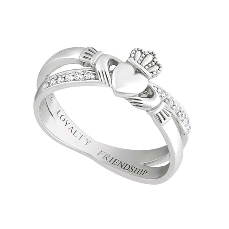 Sterling Silver Crystal Claddagh Crossover Ring - Creative Irish Gifts