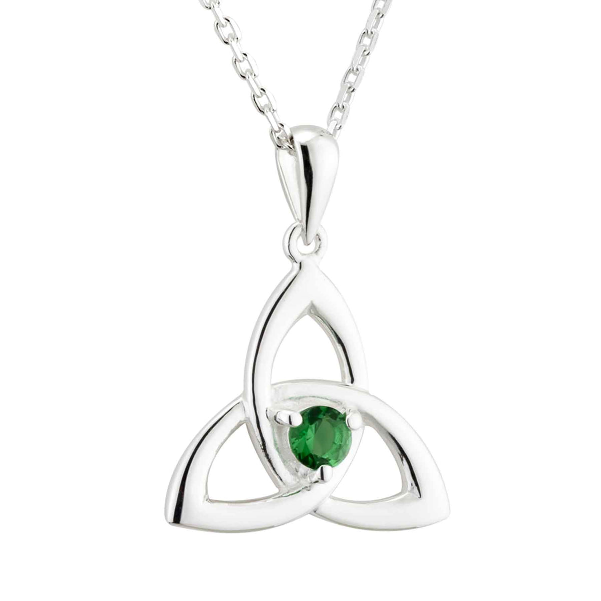 Silver Green Crystal Trinity Knot Necklace Irish Hallmarked