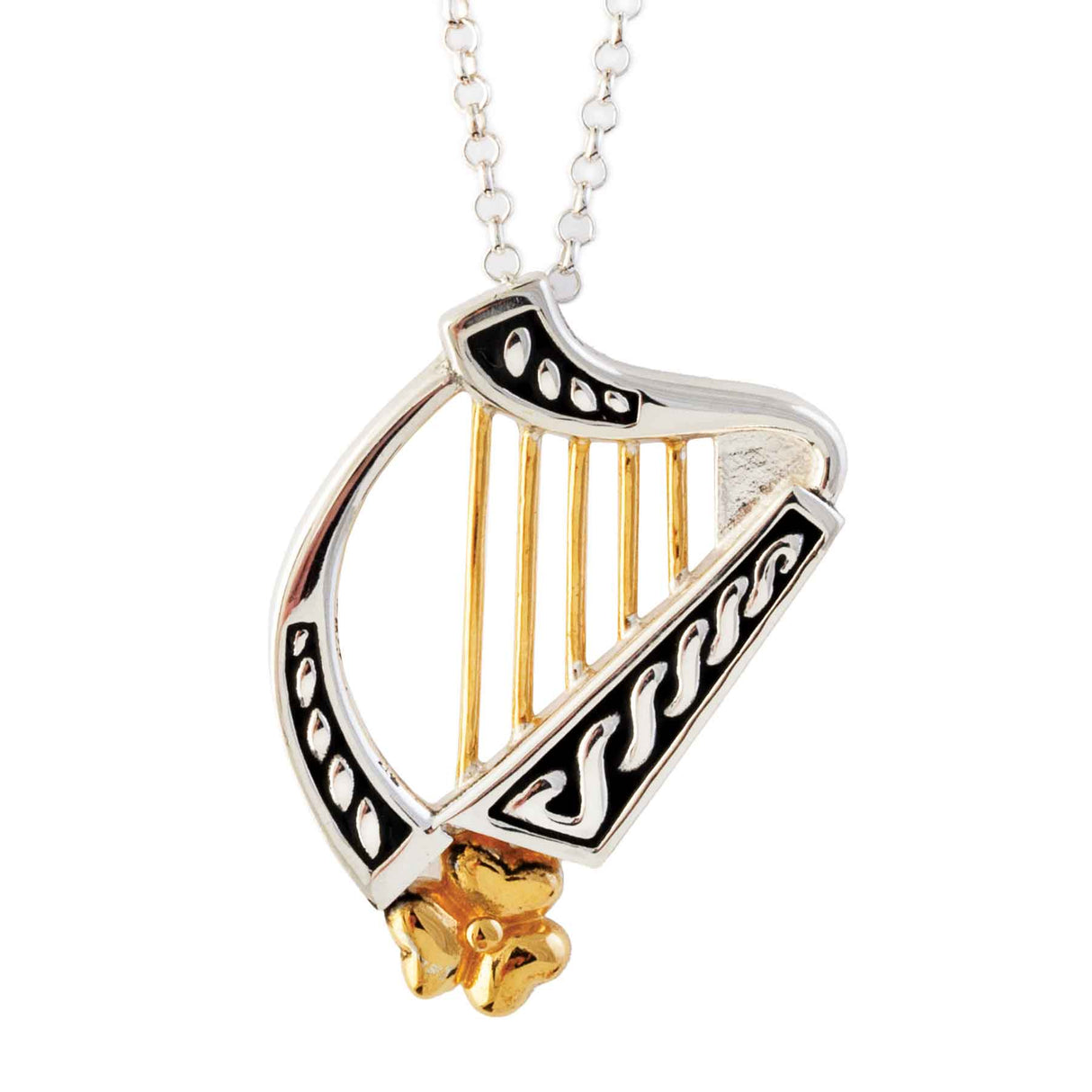 Silver & 14K Gold Irish Harp Pendant Necklace with Shamrock Motif - Creative Irish Gifts