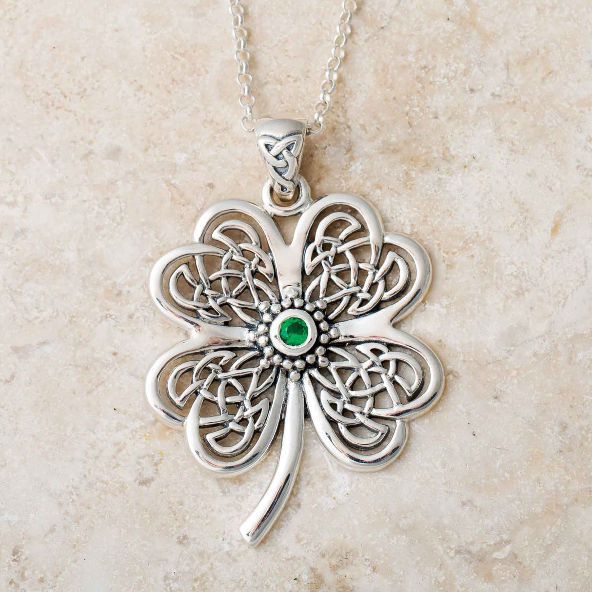 Lucky Celtic Four Leaf Clover Silver Pendant with Gemstone - Creative Irish Gifts