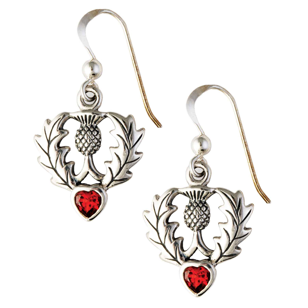 Scottish Thistle Dangle Earrings with Garnet Gemstone - Creative Irish Gifts