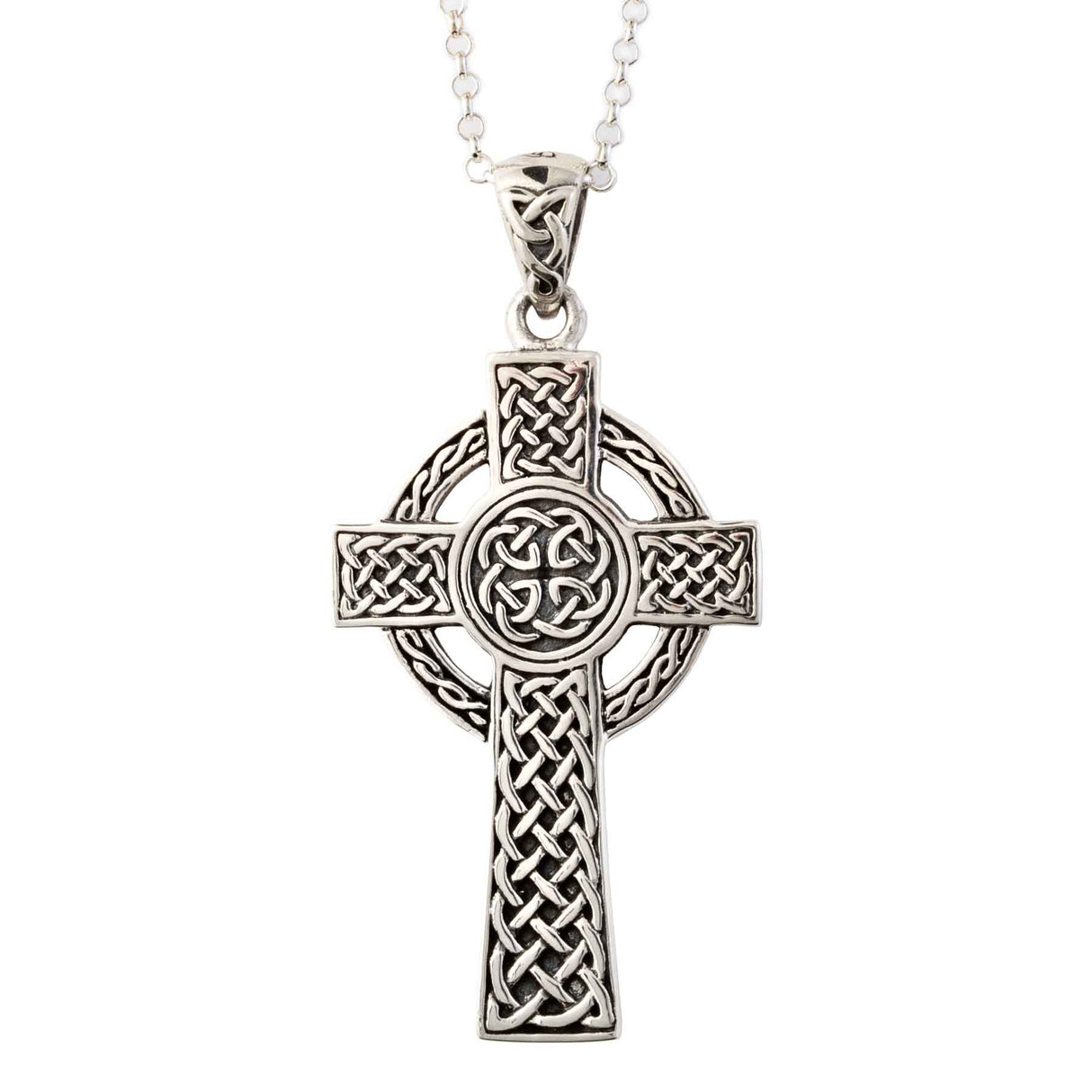Sterling Silver Celtic Cross Pendant Necklace with Knotwork Carvings - Creative Irish Gifts