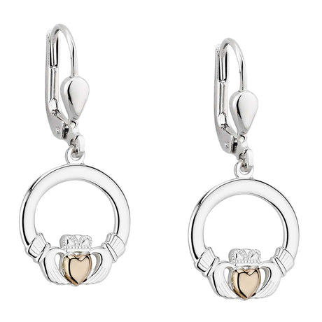 10K Gold Heart and Sterling Silver Claddagh Drop Earrings - Creative Irish Gifts