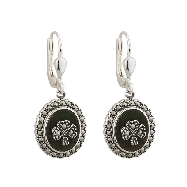 Sterling Silver Marble & Marcasite Shamrock Drop Earrings - Creative Irish Gifts