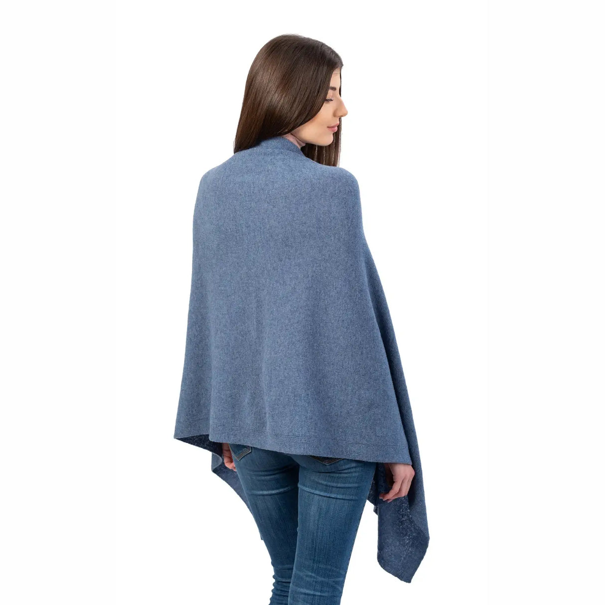 LLS100-904-OS Lambswool Poncho- Denim Blue Back View Creative Irish Gifts