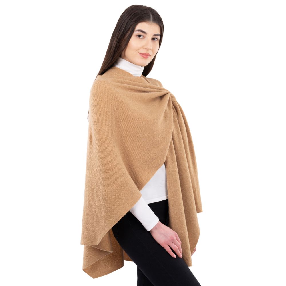 LLS105- Lambswool Draped Shawl- Camel side view Studio Creative Irish Gifts