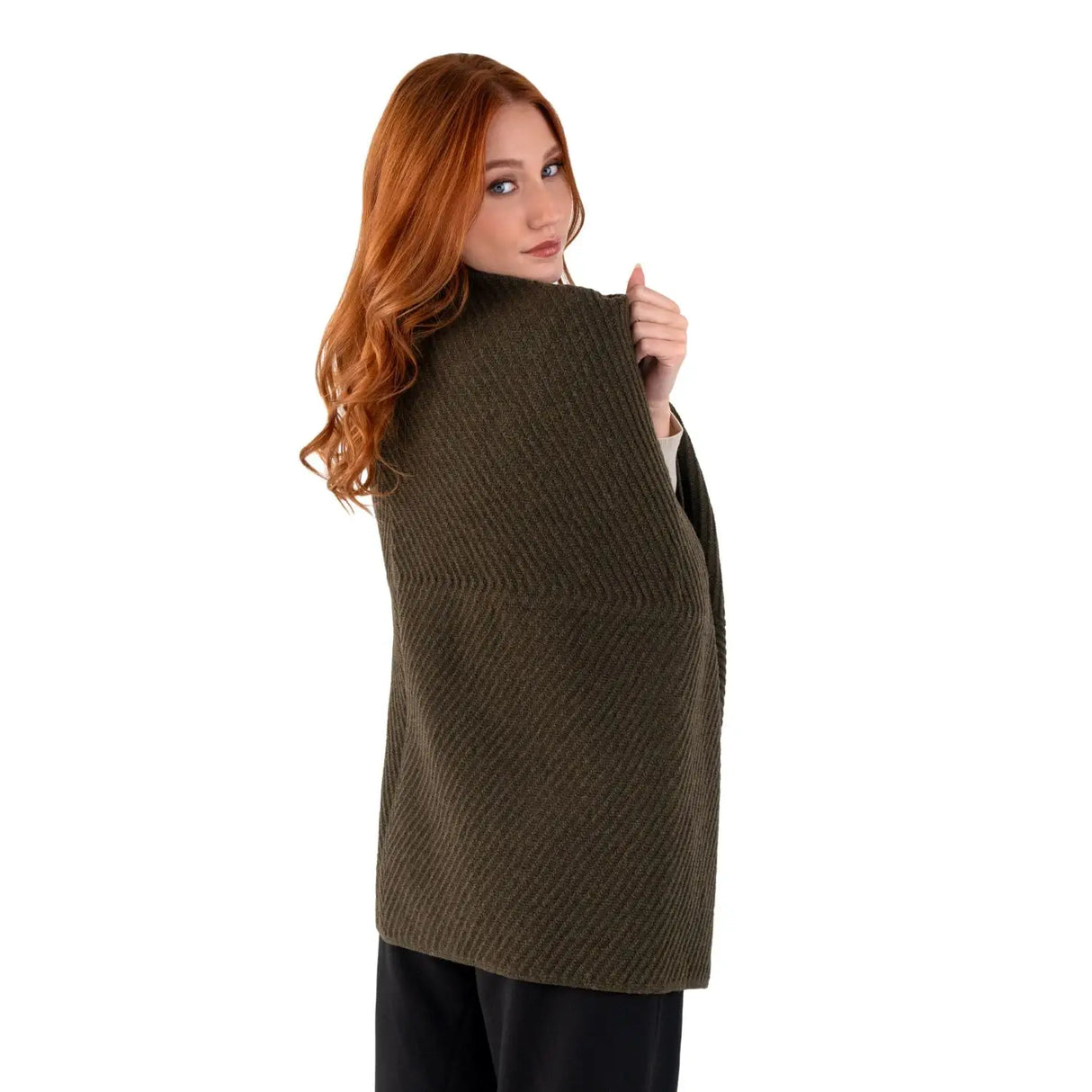 LLS109-902-OS Lambswool Shawl- Army Green Side View Creative Irish Gifts