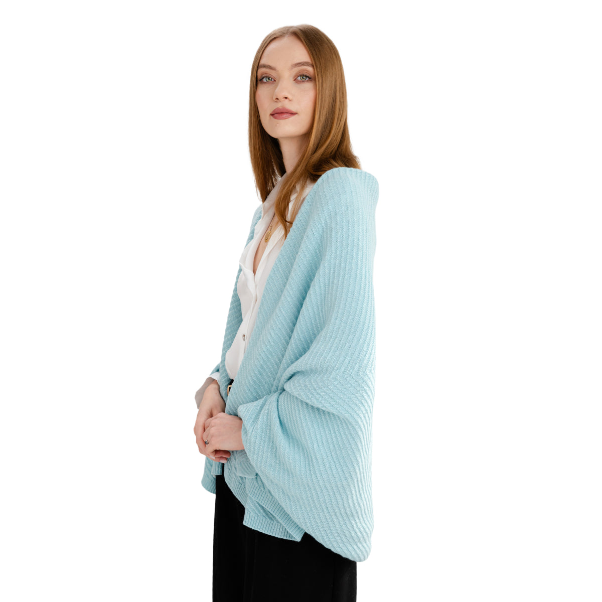 LLS109-910-OS Lambswool Shawl- Aqua Side View Creative Irish Gifts