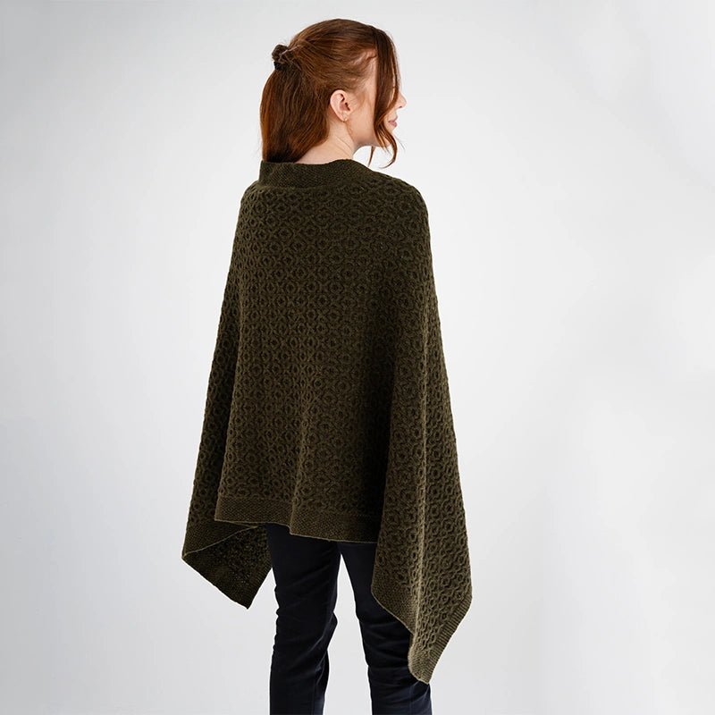 LLS110-902-OS Lambswool Aran Knit Poncho- Army Green Back View Creative Irish Gifts