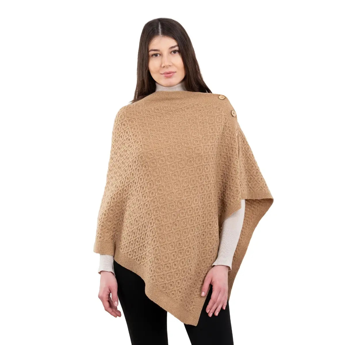 LLS110-907-OS Lambswool Aran Knit Poncho- Camel Creative Irish Gifts