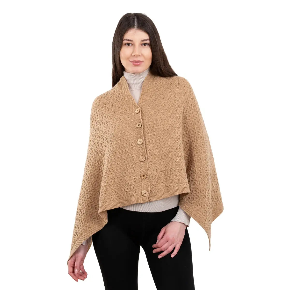 LLS110-907-OS Lambswool Aran Knit Poncho- Camel Creative Irish Gifts