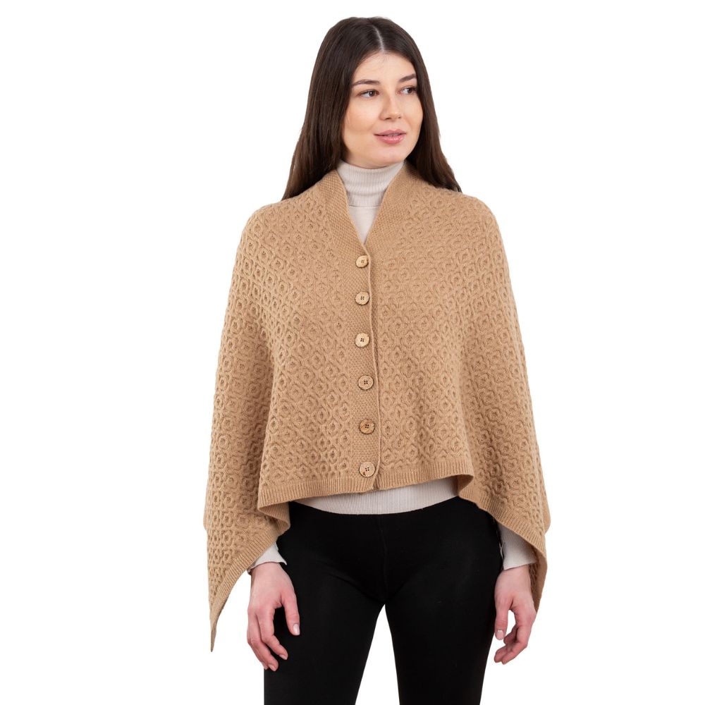 LLS110 Lambswool Aran Knit Poncho- Camel Studio Creative Irish Gifts