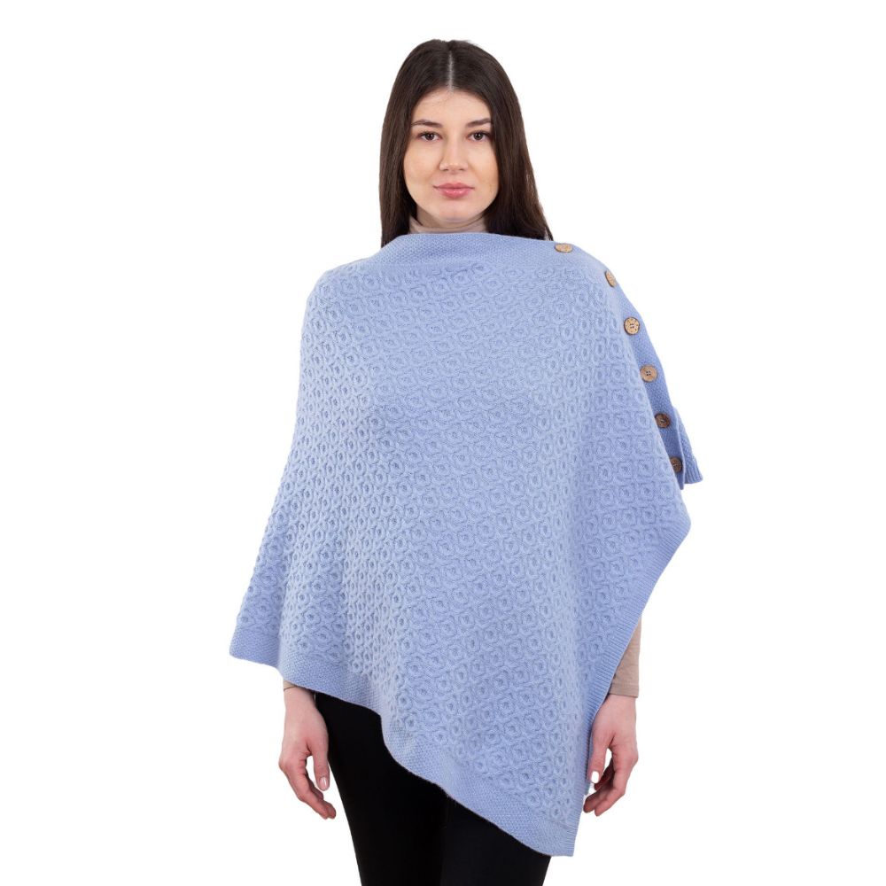 LLS110 Lambswool Aran Knit Poncho- Light Blue Creative Irish Gifts