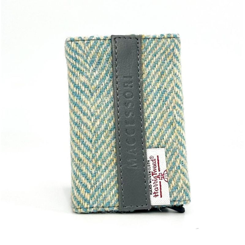 MCS-CB2412 Handcrafted Harris Tweed & Vegan Leather Card Holder, Turquoise Studio Creative Irish Gifts
