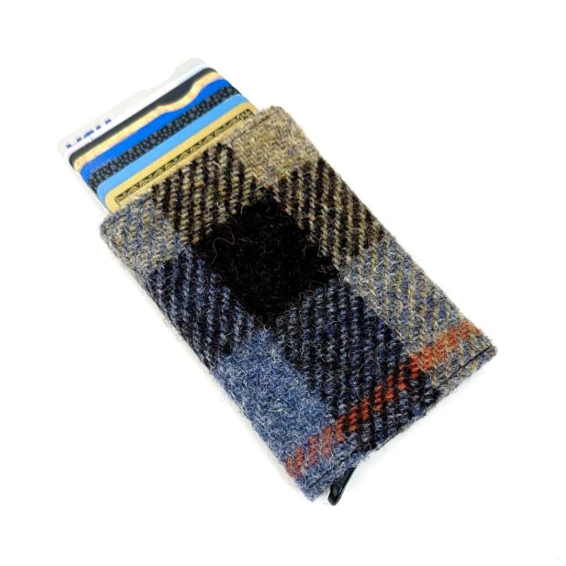 MCS-CB2412 Handcrafted Harris Tweed & Vegan Leather Card Holder, Blue Brown Creative Irish Gifts