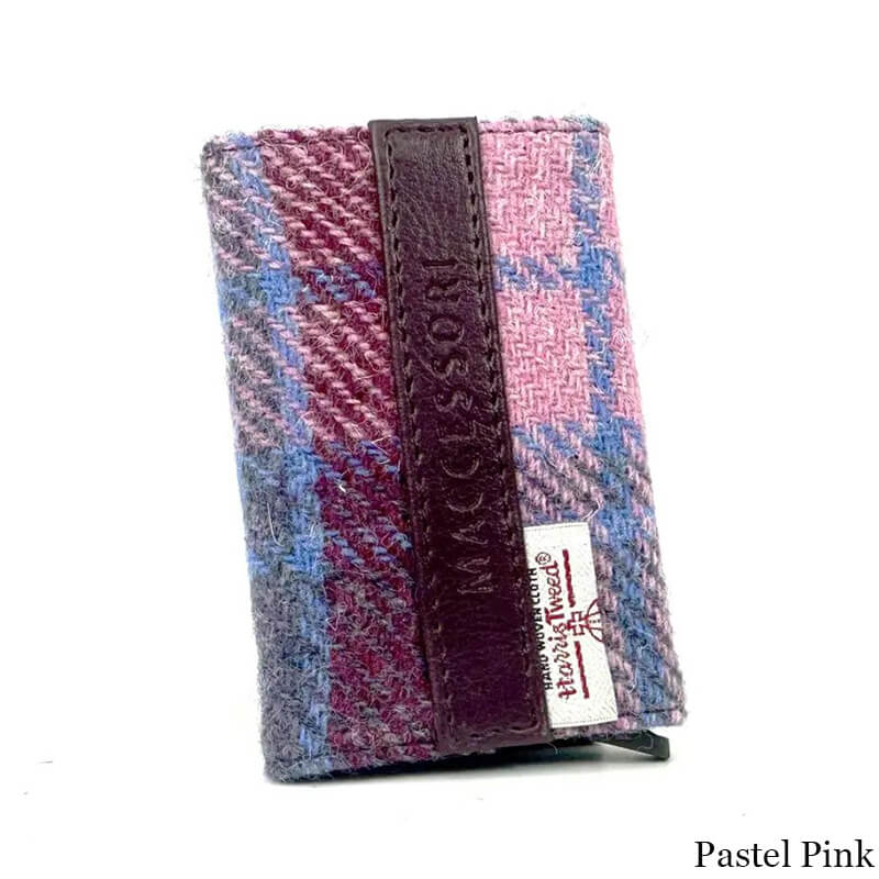 MCS-CB2412-TRT073 Handcrafted Harris Tweed & Vegan Leather Card Holder, Pink Back Creative Irish gift