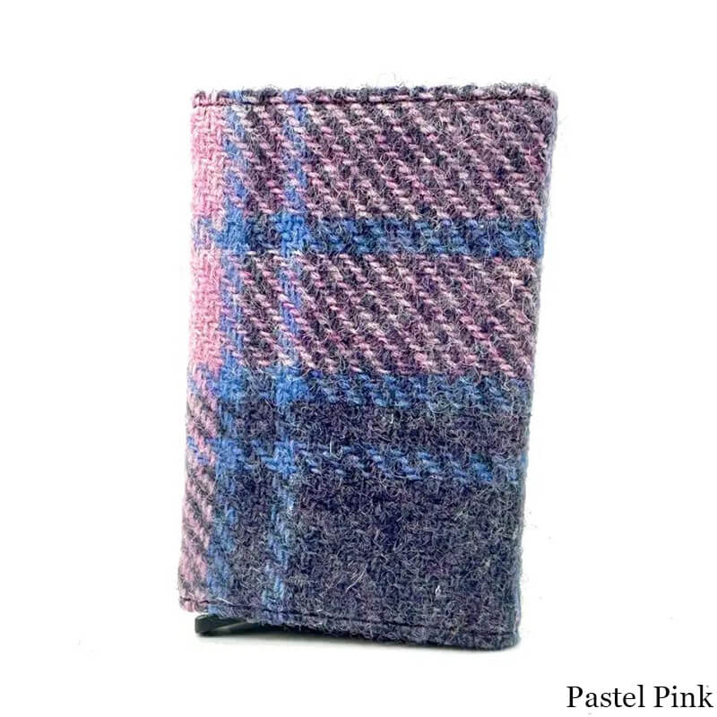 MCS-CB2412-TRT073 Handcrafted Harris Tweed & Vegan Leather Card Holder, Pink Front Creative Irish gift
