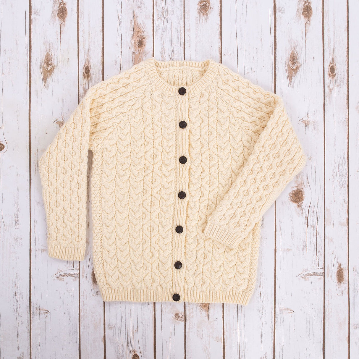 MK101-100 Kids Traditional Merino Wool Aran Button Up Cardigan, Natural Creative Irish gift.