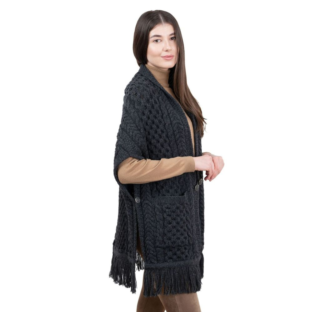 ML104-Merino Wool Irish Shawl with Pockets, Charcoal Side View Creative Irish Gift