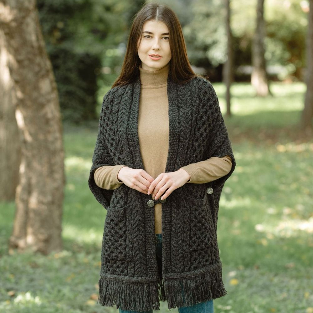 ML104-Merino Wool Irish Shawl with Pockets, Charcoal Lifestyle Creative Irish Gift