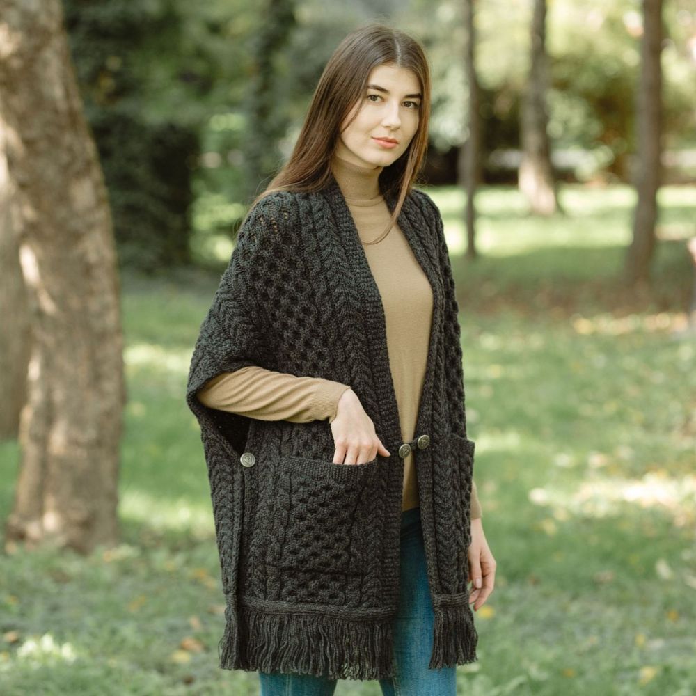 ML104-Merino Wool Irish Shawl with Pockets, Charcoal Lifestyle Creative Irish Gift