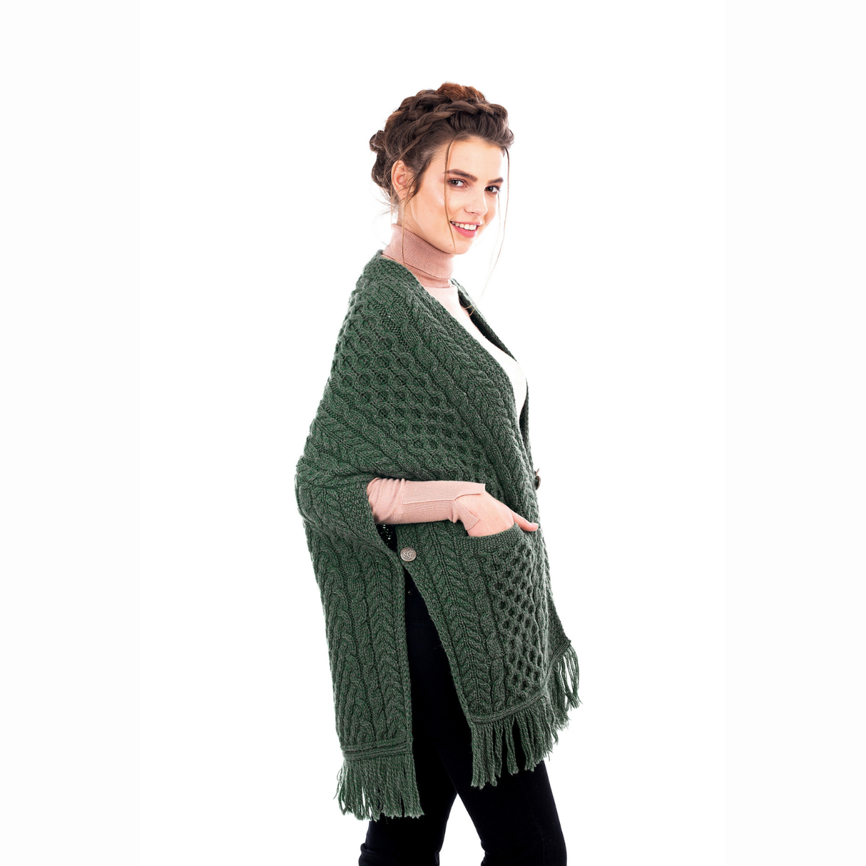 ML104-102-OS Ladies Merino Aran Poncho with Side Buttons, Army Green Side View Creative Irish Gifts
