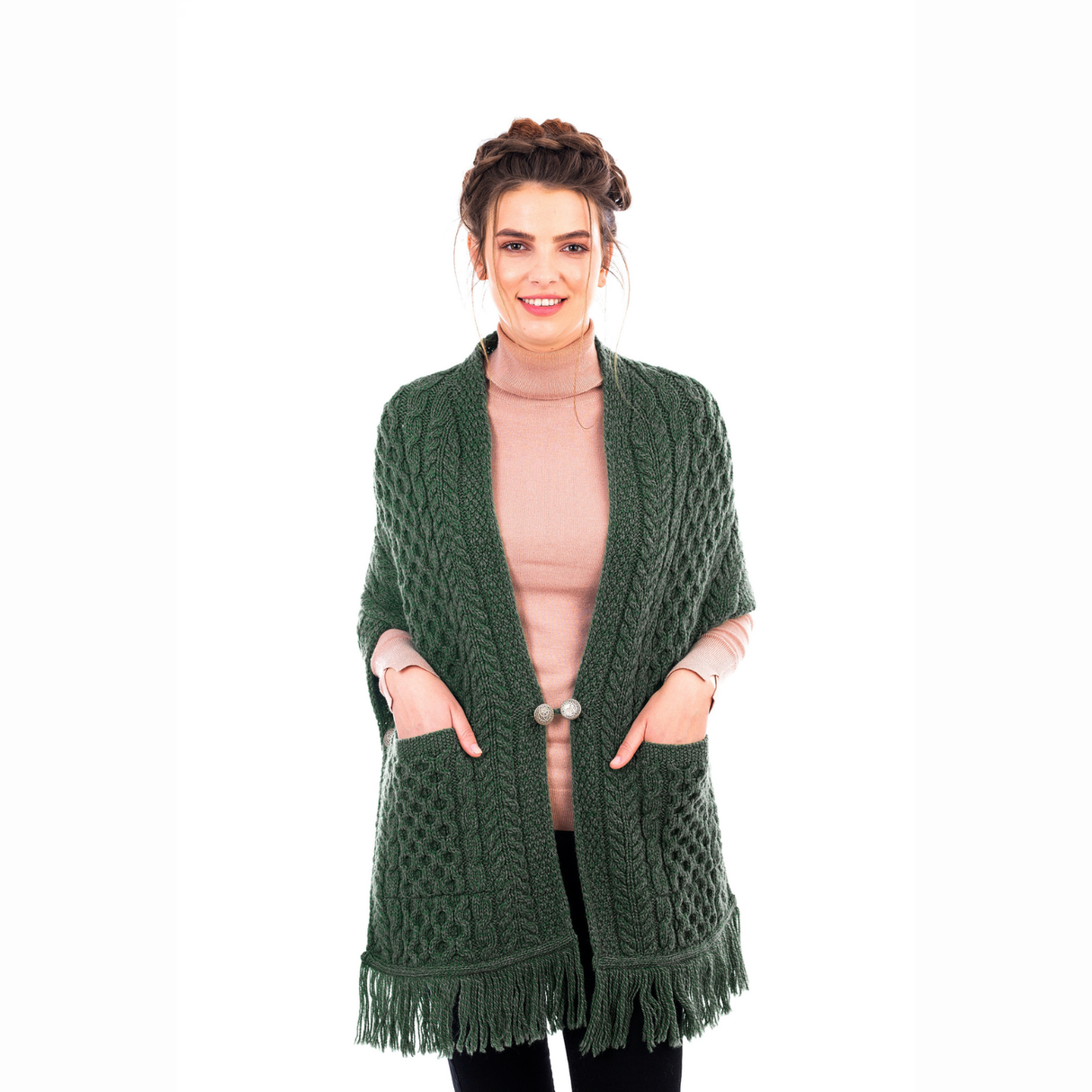 ML104-102-OS Ladies Merino Aran Poncho with Side Buttons, Army Green Creative Irish Gifts