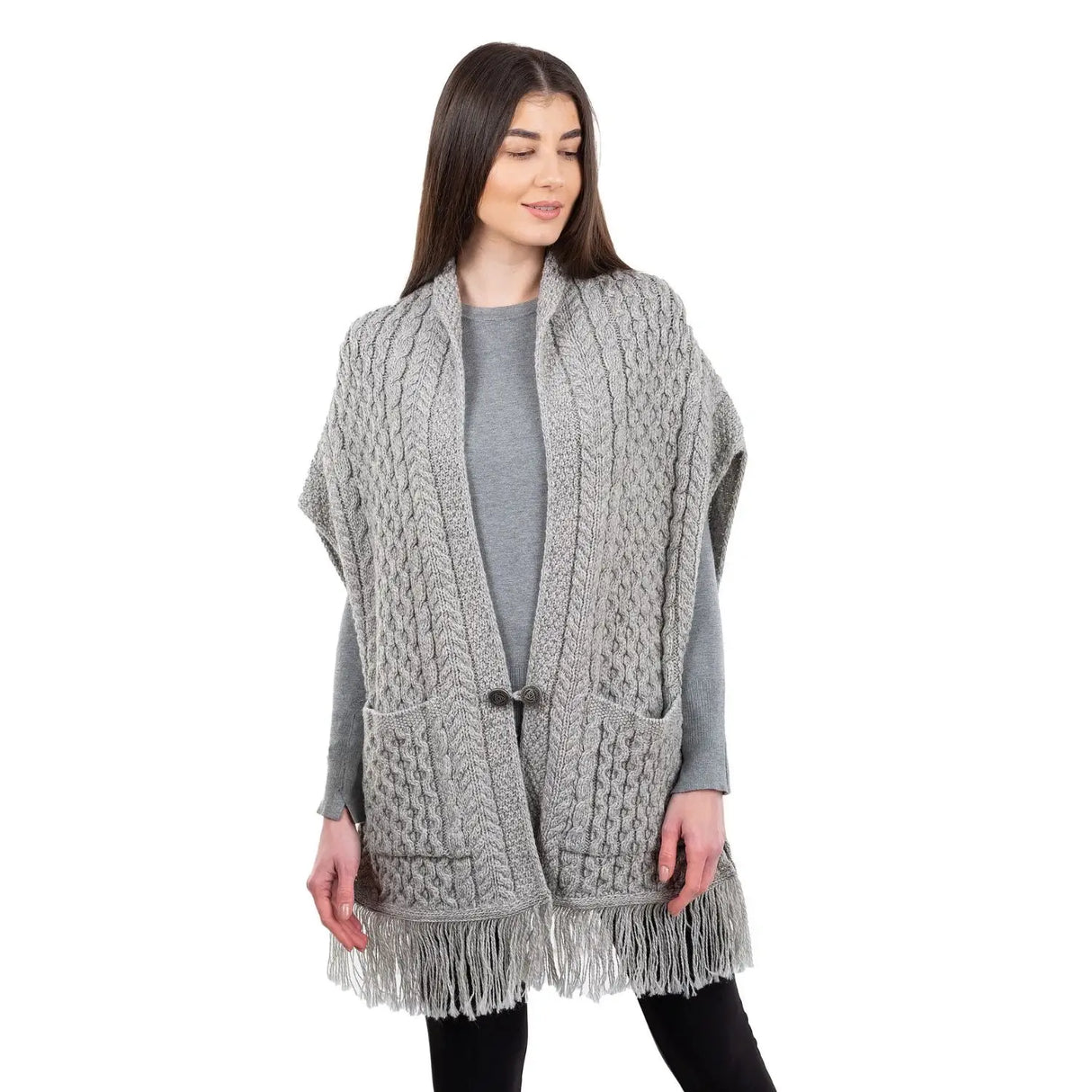 ML104-103 Merino Wool Irish Shawl with Pockets, Light Gray Creative Irish Gifts