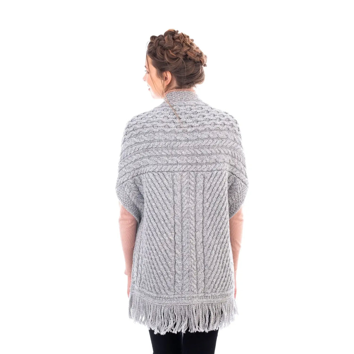 ML104-103 Merino Wool Irish Shawl with Pockets, Light Gray Back View Creative Irish Gifts