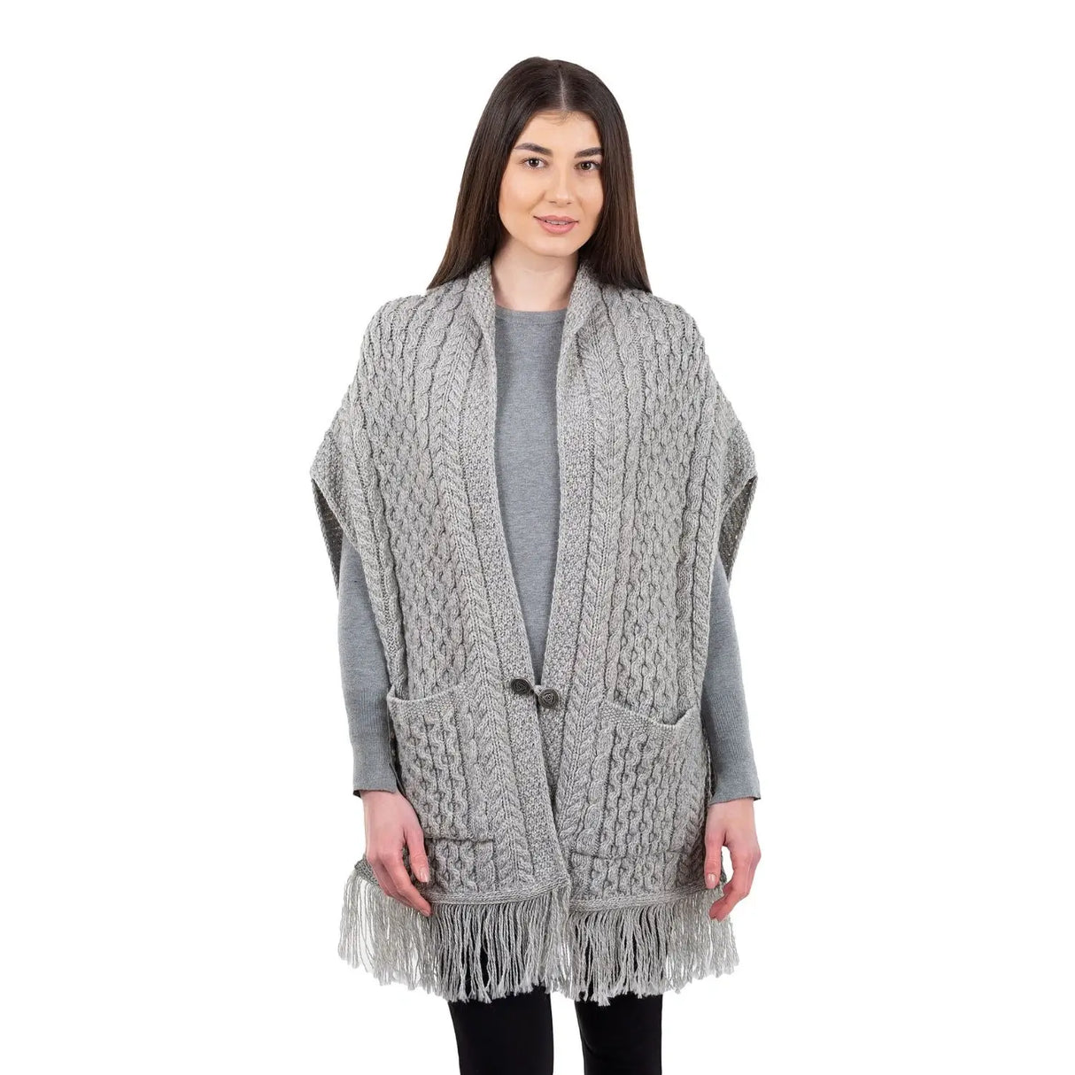 ML104-103 Merino Wool Irish Shawl with Pockets, Light Gray Creative Irish Gifts