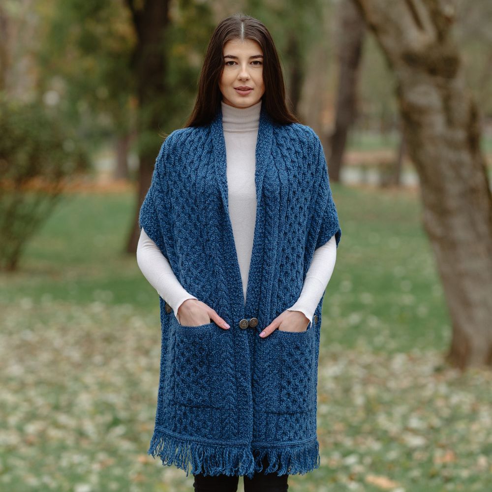 ML104-Merino Wool Irish Shawl with Pockets, Blue Lifestyle Creative Irish Gift
