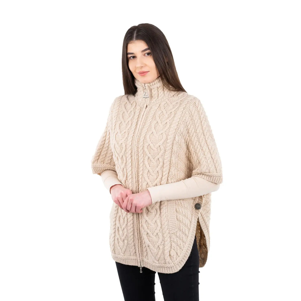 ML107-109 Funnel Neck Irish Zipper Poncho Jacket, Parsnip Creative Irish Gifts