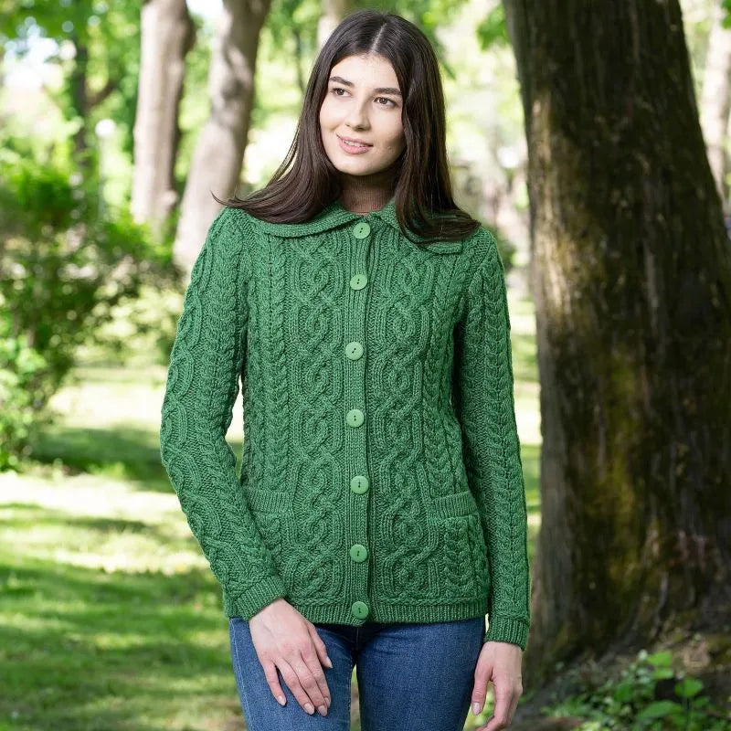 ML109-105 Women's Aran Knit Button-Up Cardigan, Green Creative Irish Gifts